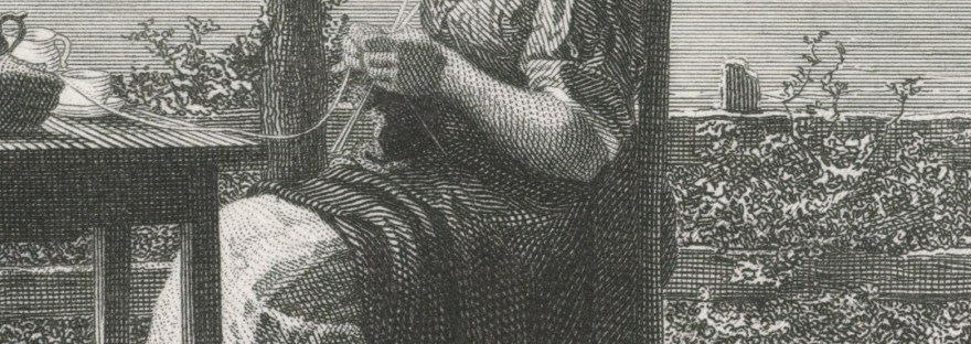 Dutch, 19th century print of woman sitting at a garden table. A kettle is on a stove by her side and her feet are propped on a stool.