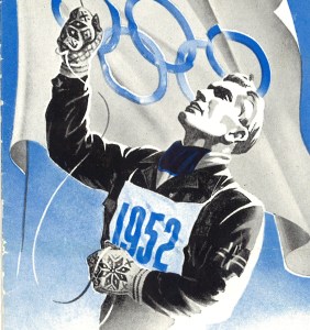 1952 promotional image from 1952 Olympic Games, featuring a man raising the Olympic flag; he wears a blue and white striped scarf and mittens featuring traditional stranded Nordic colourwork.