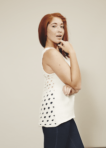 Knitted tank top with large lace mesh back. Knitting pattern: Delineate by Olga Buraya-Kefelian