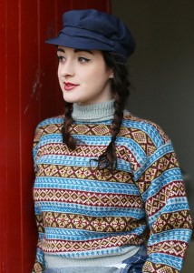 Yule by Susan Crawford- a vintage style, polo neck jumper with all-over Fair Isle design in blue, grey and mustard.