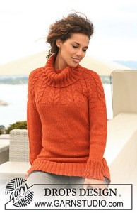 Polo neck cabled sweater with circular yoke, knitted in warm orange tone. 122-8 Autumn Sunrise by DROPS design.