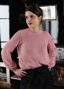 Vintage style funnel neck sweater with textured yoke. Amandine by Alice Hammer