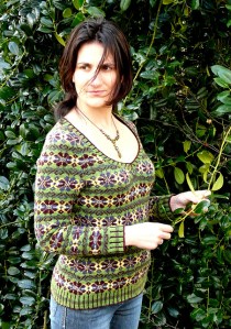 Lissuin by Ann Kingstone, a v-neck sweater with all-over Fair Isle design.