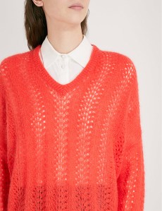 Orange v-neck knitted sweater with all over lace panels. Claude Pierlot SS2018