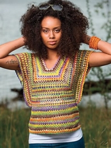 Crocheted, multi-coloured sweater. Crochet pattern: Lottie Top by Moon Eldridge
