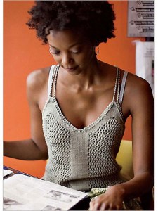 Knitted tank top with lace mesh panels. Knitting pattern: Prairie Tunic by Veronik Avery