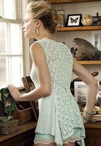 Knitted tank top with tie back and all-over lace back panel. Knitting pattern: #01 Tie Back Tank by Mari Tobita, for Vogue Knitting.