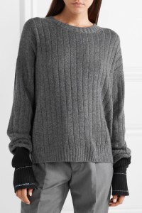 Prada grey ribbed, cashmere sweater with extra long sleeve cuffs in contrasting black.