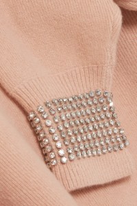 Peach, crew neck sweater with crystal embellishments at cuffs by Alexander Wang