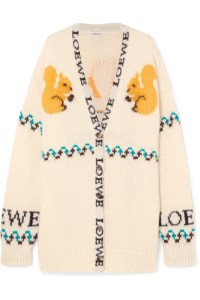 Loewe oversized cardigan with intarsia squirrels and logo features.