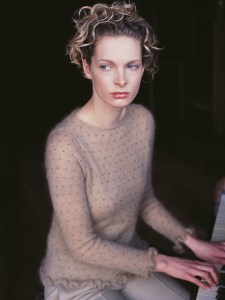 Mohair silk, crew neck sweater with all-over bead embellishment and frill cuffs and hem, by Kim Hargreaves for Rowan.