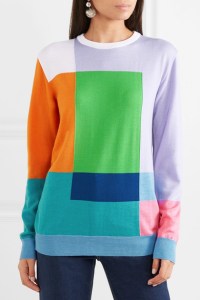 Multi coloured, geometric intarsia design sweater by Katrantzou. Autumn Winter 2018-2019.