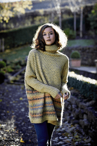 Oversized, stranded colourwork sweater with polo neck and ribbed sleeve detail. Designed by Galina Carroll. Knitting pattern available from Rowan.